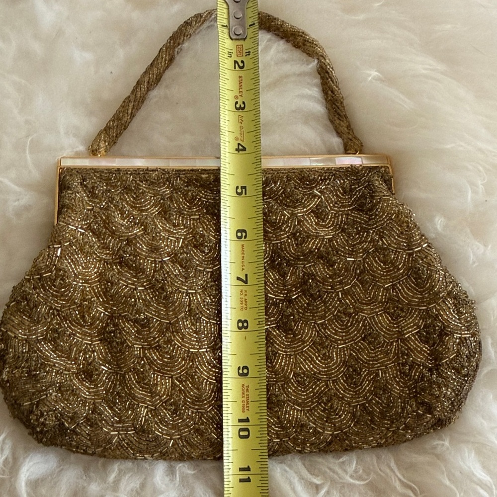 Vintage Gold Beaded Evening Clutch with Top Handle & Mother-of-pearl inlay snap - Picture 7 of 7